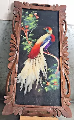 VTG Mexican Feather-craft Folk Art Bird Real Feathers Hand Carved Wood Frame 16  • $29.95