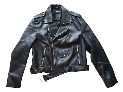 Jhichic Vegan Black Leather Moto Biker Jacket Size L  Belted Zip Pockets Lined  • $42