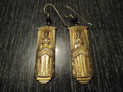 Vintage High Art Deco Lady Theatre Curtain Bronze Drop Dangle Fish Hook Earrings • $75