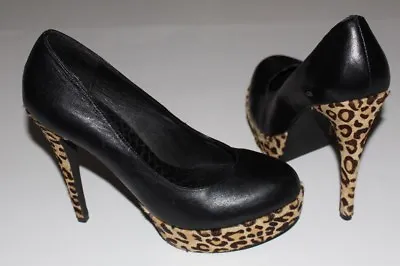 Matiko 7 Black Leather Leopard Calf Hair Platform Pump 5  Heel 1.25  Platform • $5.95