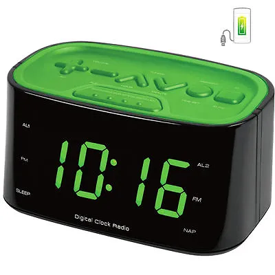 FM Radio Dual Alarm Clock/Large Big LED Digital DisplayCharger USB Port Green • $52.88