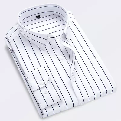 Men's Casual Striped Shirt Button Down Slim Fit Long Sleeve Formal Shirts Tops  • £15.59