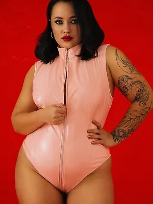 Pink Latex Bodysuit Plus Size Bodysuit Sleveless Pink Catsuit Curvy Girl Fashion • £52.35