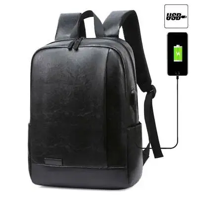 $34.39 • Buy Mens Laptop Backpack PU Leather USB Charge Port Shoulder Bag Business School New