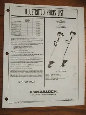 Used Mcculloch Eager Beaver Silver Eagle String Trimmer Parts List March 1993 • $8.65