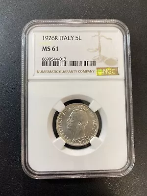 1926 R Italy 5 Lire Ngc Ms-61 - Uncirculated - Better Date - Certified - 5 Lire • $125