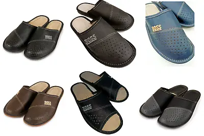 Men's Leather Slippers Hand Made Slip On Shoe Mules   Size 7 - 11.5 • £10.89