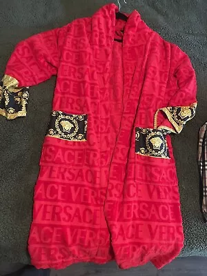 Versace Mens I Heart Baroque Logo Bathrobe Large Red Belted Terrycloth Cotton • $260