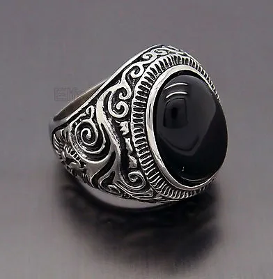 Mens Large Natural Oval Genuine Onyx Gemstone Stainless Steel Ring US Size 8-15 • $8.99