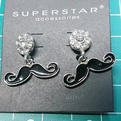 Superstar Silver Tone Black Enamel Mustache Earrings W/ Clear Glass Rhinestones • $8