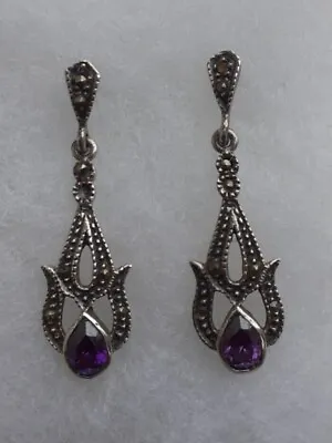 Vintage Silver And Amethyst Marcasite Drop Earrings • £18