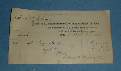 1869 J Meredith Dryden & Co Dry Goods Commission Merchants Baltimore MD Billhead • $8.61