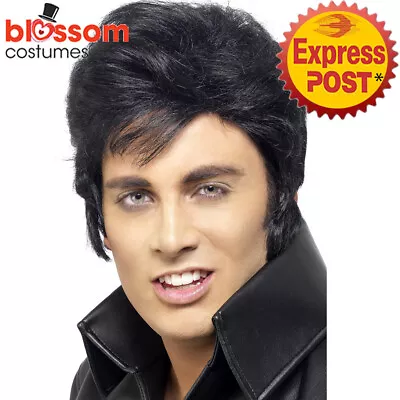 W467 Elvis Movie Mens Rock And Roll Presley 1950s Black Fancy Dress Costume Wig • £13.93