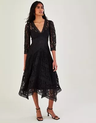 New Monsoon RRP£140 Ellen Lace Hanky Hem Dress Black Size 8 Midi • £40