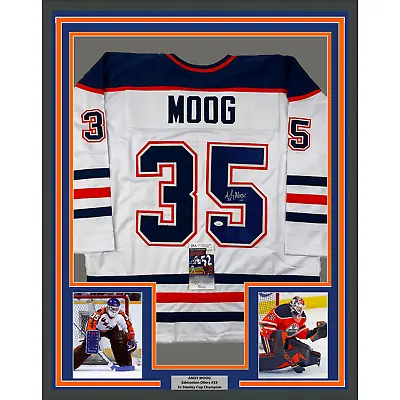 Framed Autographed/Signed Andy Moog 33x42 Edmonton White Hockey Jersey JSA COA • $399.99