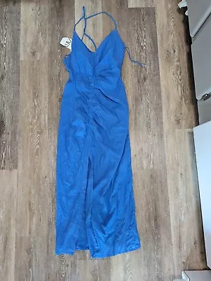 NWT Zara Linen Blend Dress Womens Size L Blue Gathered Midi • $34.99