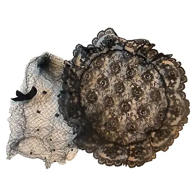 Lace Snood Head Covering Church Bow Netting Floral Mourning Veil Chapel Black • $9.87