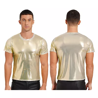 US Men's Shiny Metallic T-shirt Short Sleeve Round Neck Glossy Tee Tops Clubwear • $11.59