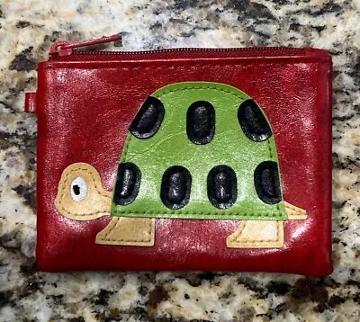 Coin Change Purse Lavishy Turtle Embroidered Vegan Zippered Red Background • $8.98