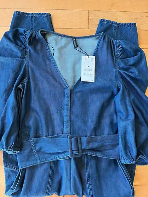 NWT Zara Denim Jumpsuit Women’s Large Blue Belt Puff Sleeve • $45