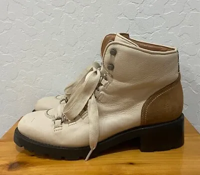 Women's Frye Tan Leather Boots Size 10B Plain Toe Almond Shape Lace Up • $134.75