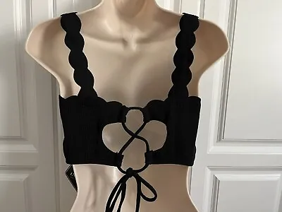 Zaful Forever Young Black Swimsuit Top Bikini Lace Up Back Scallop Edge Straps • $9.99