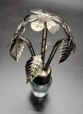Vintage Metal Clear Glass Bottle Stopper Flower Leaves 3½  Tall • $14.99