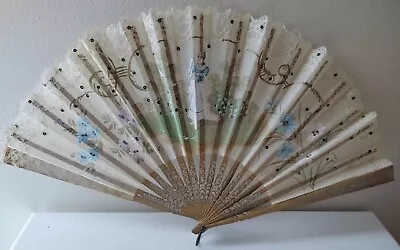 Antique Victorian Hand Fan 9  Pleated Lace 18 Wood Spindles Hand Painted • $20