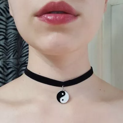 Yin And Yang Black Velvet Choker Handmade Festival Pendant Charm Necklace • $4.95