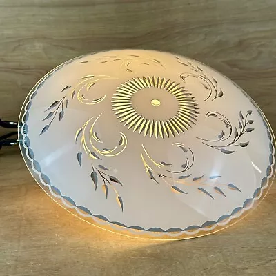 Vintage MCM Ceiling Light Shade Saucer 14.75  Frosted Glass Blue Wheat Sunburst • $49