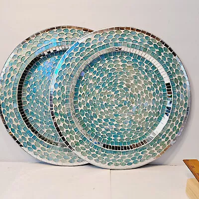 Set Of 2 Pier One Turquoise Mosaic Tile 13 1/2” Charger Plates  Blue Green • $34.95