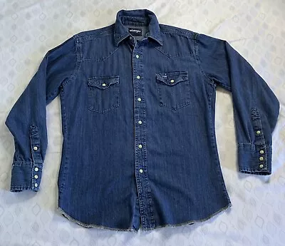 Vintage Wrangler Medium Pearl Snap Long Sleeve Denim Jean Shirt Western Cowboy • $22.45