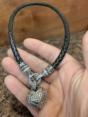 $63 • Buy Judith Ripka Sterling Silver CZ Heart Pendant Braided Leather Cord Necklace A4