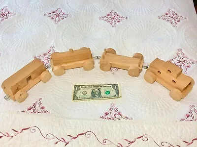 Vintage Handcrafted All-Wooden Toy Train Set Box Tank Flat Cars & Caboose Hooked • $27.47