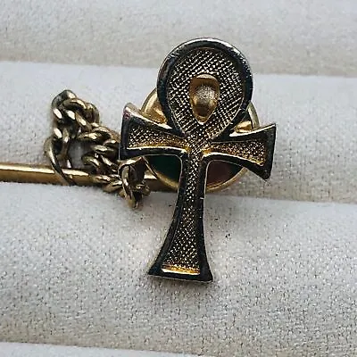 Vtg Ankh Egyptian Cross Gold Tone Tie Tack Pin W/ Chain Clutch • $8.79