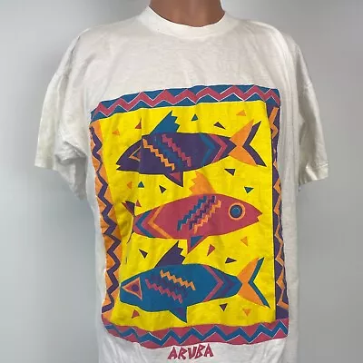 Aruba Multi Color Fish Single Stitch T Shirt Vtg 90s White Size L • $24.49