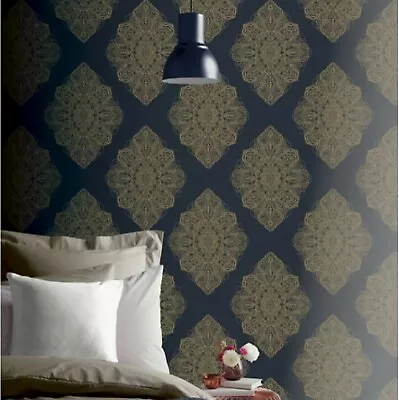 Arthouse Henna Metallic Gold Navy Blue Oriental Damask Shimmer Feature Wallpaper • £6.49