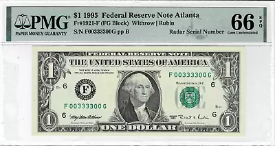 1995 $1 Federal Reserve Fancy Serial# RADAR--00333300--fr.1921-B--PMG GEM 66 EPQ • $275