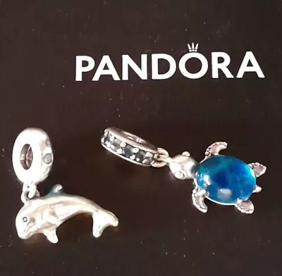 2 X Estate Sterling Silver PANDORA Charms Dolphin Turtle Blue/green Gems • $12.50