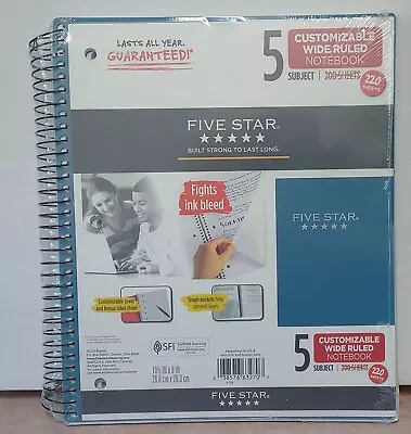 Five Star 5 Subject Wide Ruled Spiral Notebook Paper 220 Sheets Teal • $15.95