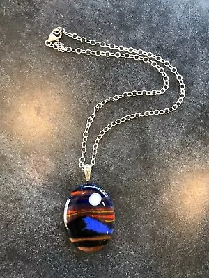 Necklace Art Glass Sand Sculpture Pendant Oval Landscape 17  Chain Lobster Clasp • $16.99