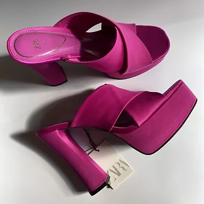 ZARA Hot Magenta Pink Satin Platform Mules Heels Shoes Sz 40 UK 7 BNWT • £20