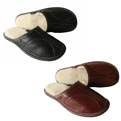 Men's Sheepskin Slippers Mules Slip On Shoes Black Warm Wool Size 7-13 Xmas Gift • £15.19