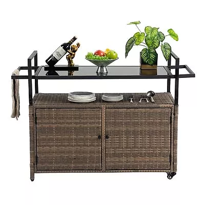 Outdoor Wicker Bar Cart Patio Wine Serving W/Wheels Rolling Rattan Beverage • $241.06