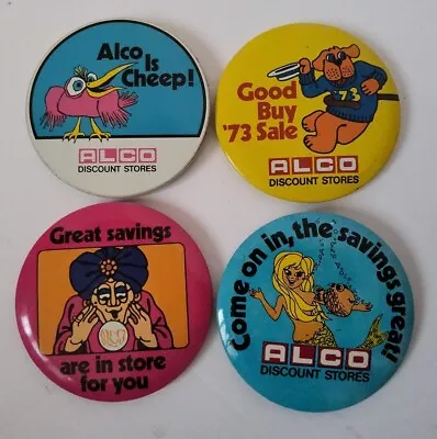 4 Vintage ALCO Store Cartoon Advertising Employee Pinback Buttons 3  Retro  • $14.95