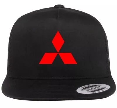 Mitsubishi Car Auto Logo Emblem Printed Black Hat Flat Bill Yupoong Trucker Cap • $22.99