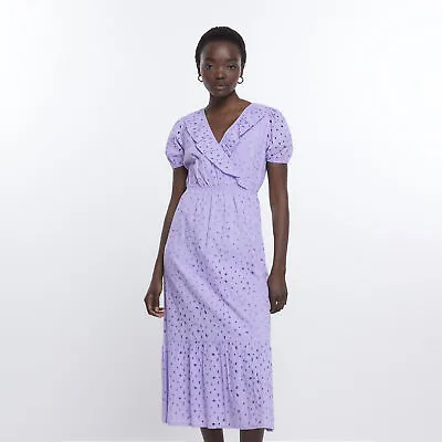 River Island Womens Wrap Midi Dress Purple Brodeire V-Neck Short Puff Sleeve • £13
