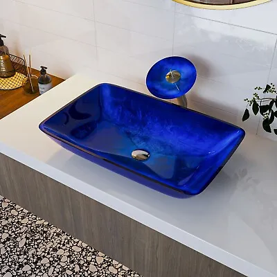 DeerValley  22.5  L X 14.75  W Dark Blue Glass Rectangular Vessel Bathroom Sink • $99