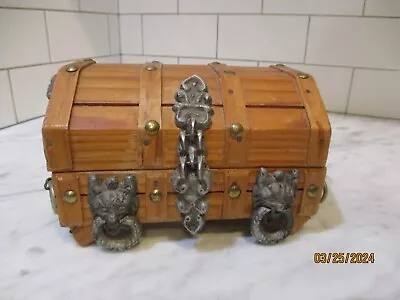 Vintage Wooden Gothic/Pirate Lidded Box Chest Metal Lions Medieval Style • $34.99