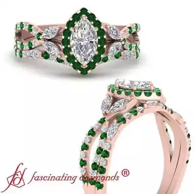 Halo Wedding Ring Set With 1.65 Carat Marquise Cut Diamond And Emerald Gemstone • $5864.99